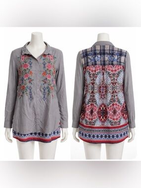 John Mark embroidered 100% linen button up roll tab sleeve shirt L